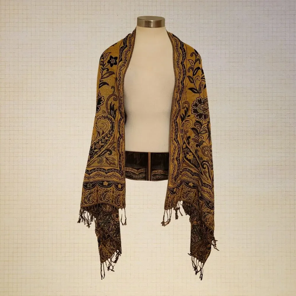 Metallic Gold Black Reversible Pashmina Scarf with Tassels Lightweight
